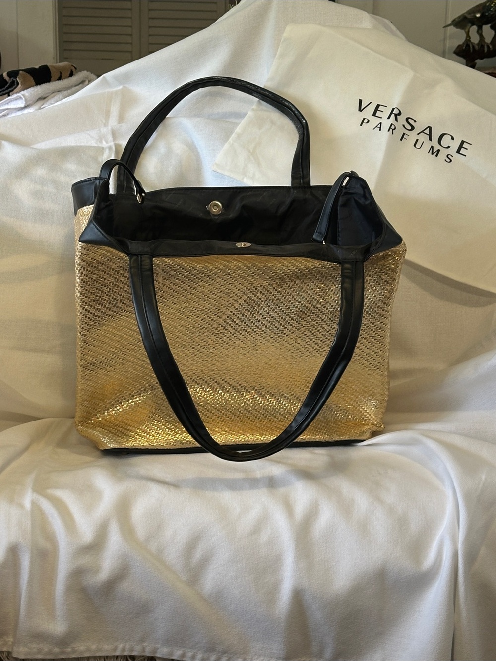 Best deal of Summer 2026 Versace Parfums Gold Tote with Black Trim and Handles